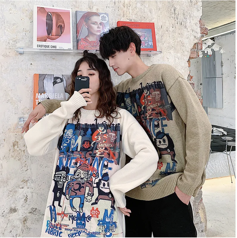 Мужской свободный свитер повседневный вязаный студенческий большого размера в