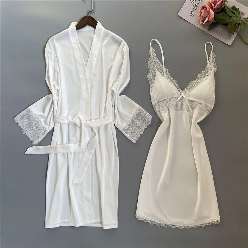 

2PCS Kimono Bathrobe Set Sexy Backless V-neck Lace Nightgown With Chest Pads Belt Robe Gown Suit Summer Soild Casual Sleepwear