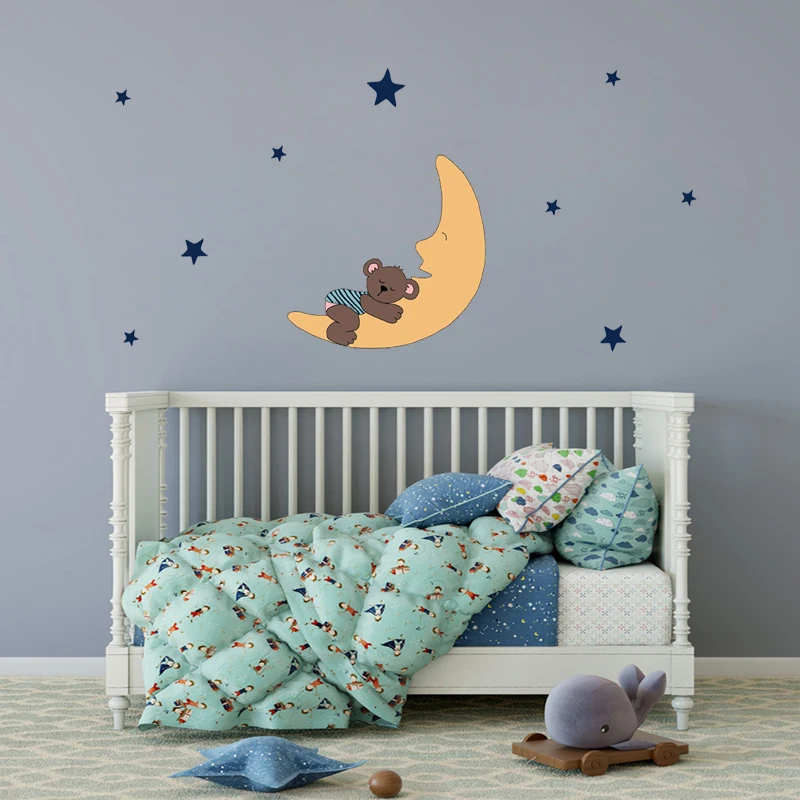 Милый спящий медведь и луна звезды Наклейка на стену для детской комнаты детская
