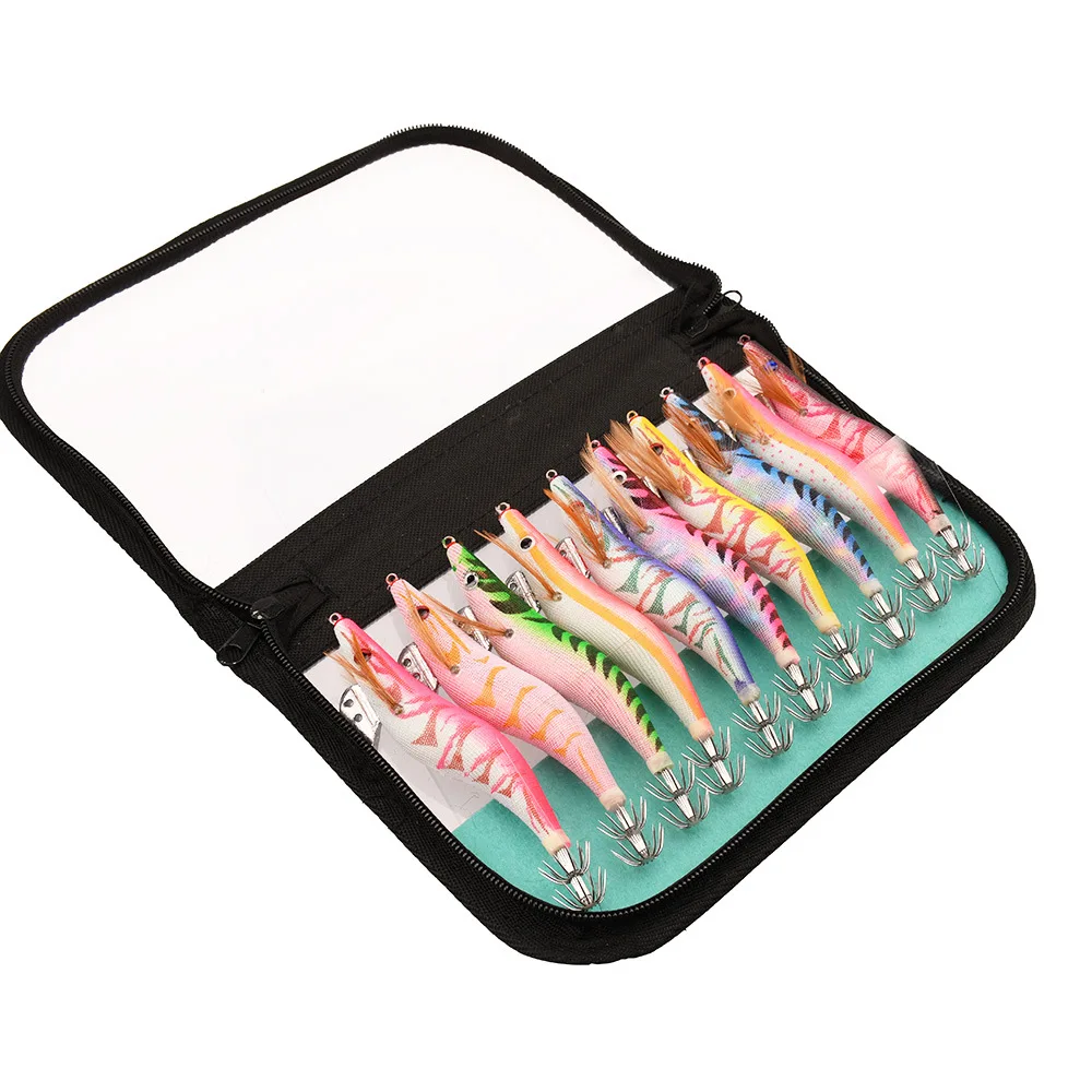 

10Pcs 3.5# 21g Squid bait Wooden Shrimp jig hook Fishing Octopus Lures Cuttlefish Artificial luminous jigging lure with bag