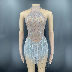 Shiny Rhinestone Dress For Women Diamond Gloves Stage Performance Costume Pole Dance Clothing Fringe Clothes Rave Outfit DQL4215