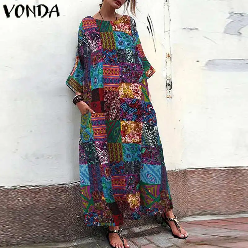 VONDA, женское длинное платье макси размера плюс, осенние платья с длинным рукавом, Платья для вечеринок, свободные богемные сарафаны, элегантное пляжное платье, Femme