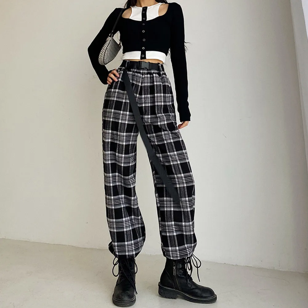 

Spring Autumn Female Chic Plaid Wide Leg Pants Trousers High Waist Pants for Women Casual Full Length with Belt Sweatpants 2021