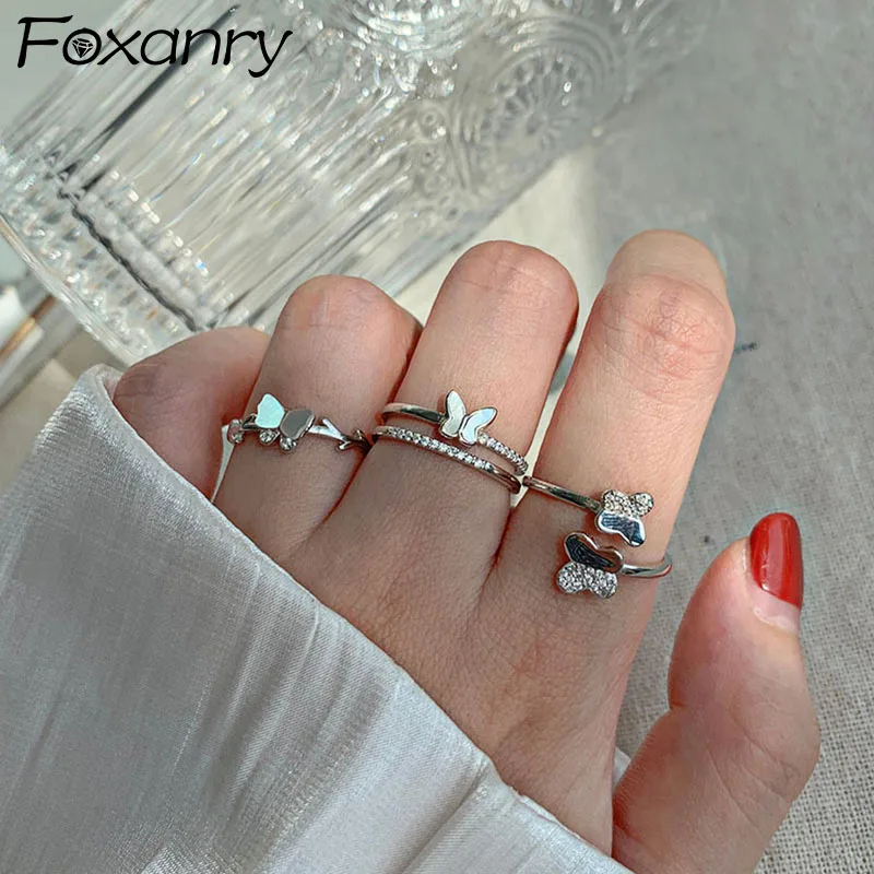 

Foxanry 925 Stamp Sparkling Zircon Rings for Women Couples New Trendy Elegant Butterfly Wedding Bride Jewelry Gifts