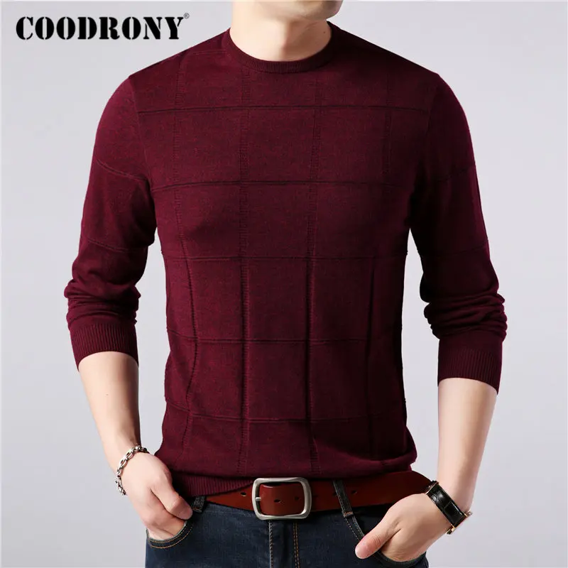 Бренд COODRONY, мужской свитер с круглым вырезом, Мужская трикотажная одежда с вышивкой, хлопковый шерстяной пуловер для мужчин, Осень-зима, мягкие теплые свитера 91086 - Цвет: Красный