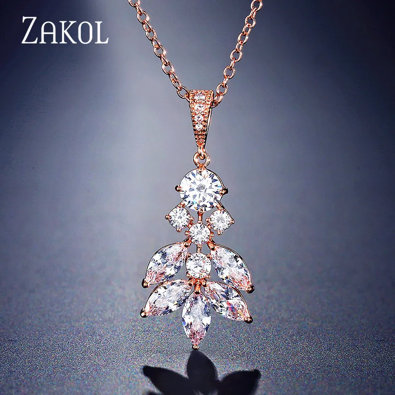 Rose Gold Color ZAKOL Мода AAA кубического циркония лист цепи ожерелье кулон для женщин Кристалл Свадебные вечерние ювелирные изделия на заказ FSNP2089 - Окраска металла: Rose Gold Color