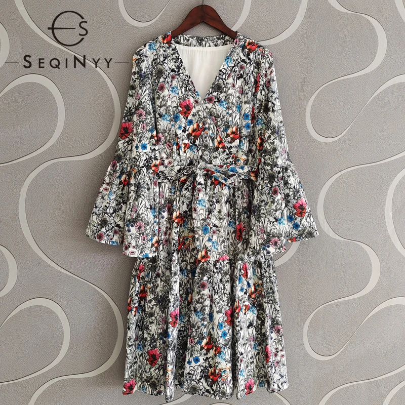 

SEQINYY Mini Casual Dress Summer Spring New Fashion Design Women Runway White Black Flowers Print Flare Sleeve