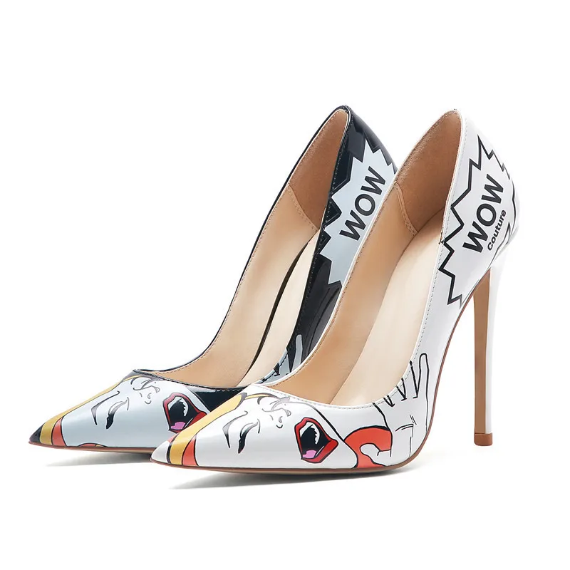 Lady Multi Scrawl Printed Pumps Pointed Toe Party Evening Dress Heels Black White Stiletto High Heels Women Slip On Shoes