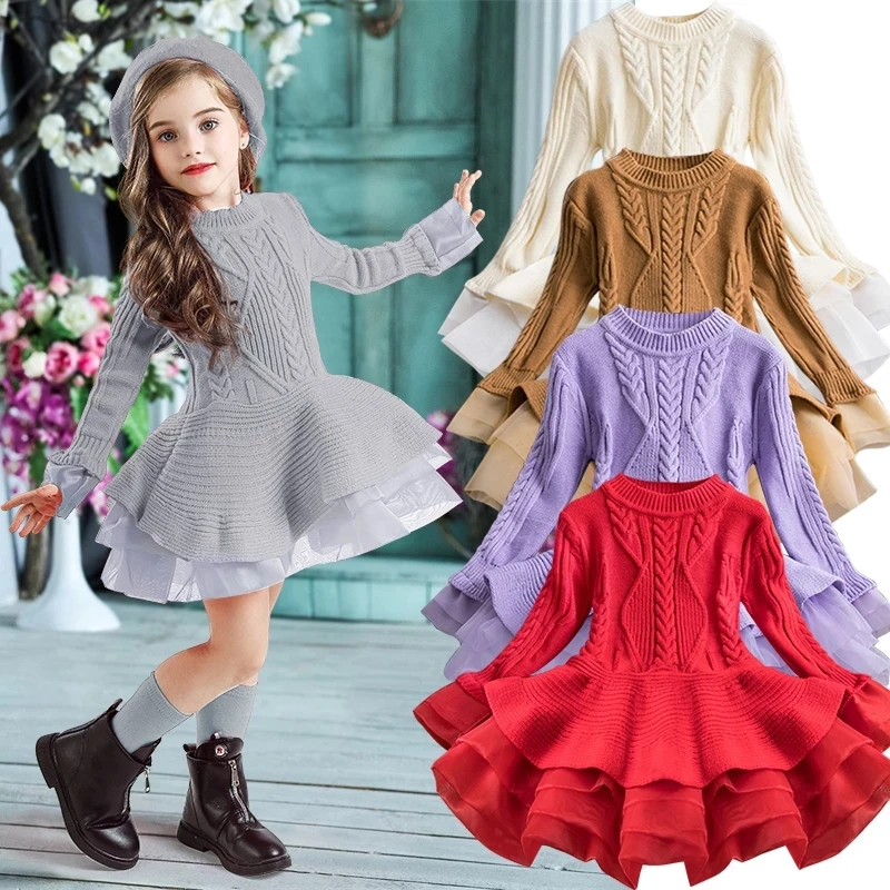 

2022 Winter Knitted Chiffon Girl Dress Christmas Party Long Sleeve Children Clothes Kids Dresses For Girls New Year Clothing