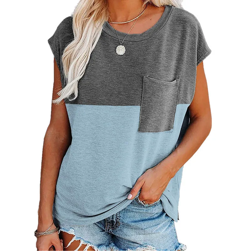 

Women Casual T-Shirt Summer Short Sleeve O-Neck Loose Pockets Splice Tops Lady Daily T-Shirt Plus Size S-3XL Fashion Streetwear