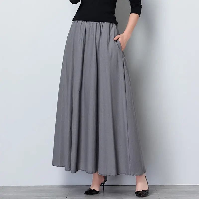 

2020 Spring and Autumn Linen Long Skirt Elegant Style Elastic High Waist Skirts Womens Vintage Faldas Saia Jupe Femme Plus Size