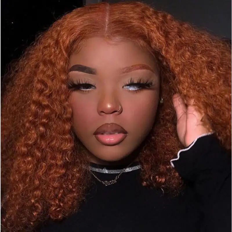 Magic Love-peluca con malla frontal para mujer Peluca de cabello humano rizado de color naranja, densidad del 180, 13x6, Bob corto, malla con división frontal