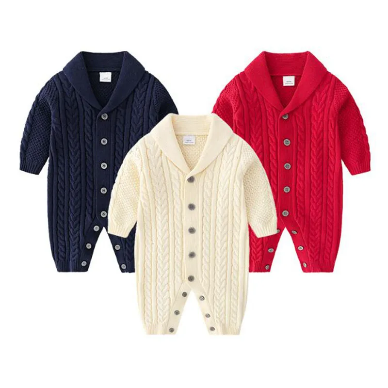 

Infant Baby Boy Rompers Spring Autumn Long Sleeve Pure Color Rompers + Hat Newborn Baby Boy Knit Rompers Clothes