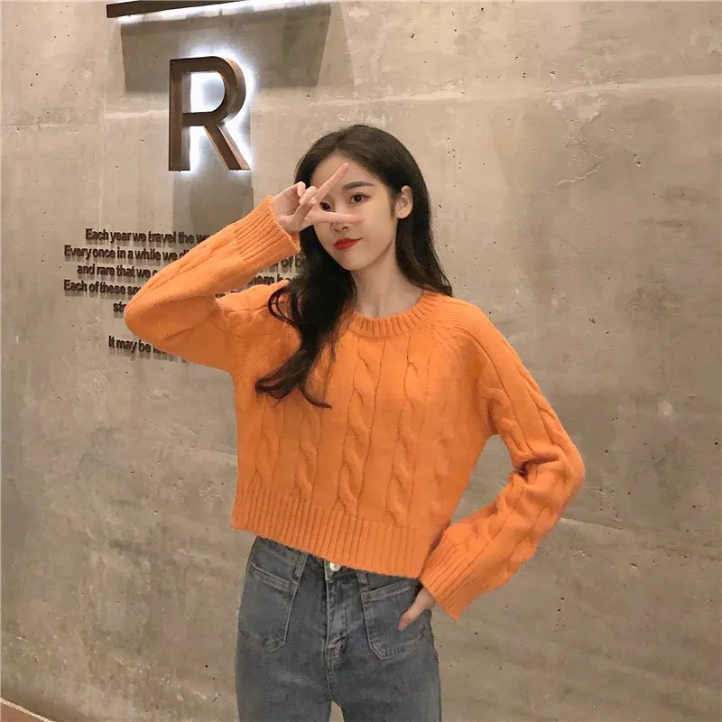 Autumn Winter New Women's Short Pullovers Sweater Twist Knitting Full Sleeve Solid Fashion Vintage Casual Tops T98506D