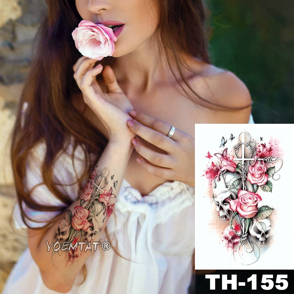 

Waterproof Temporary Tattoo Sticker Cross Rose Flower Skull Pattern Water Transfer Butterfly Body Art Flash Fake Tatoo