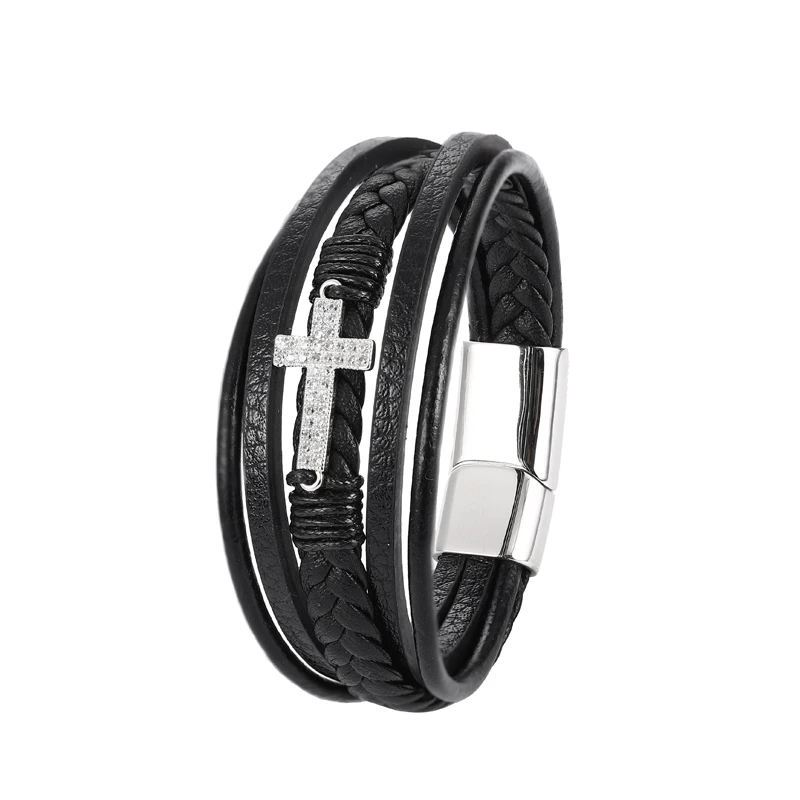 

Men's Vracelet Stainless Steel Gold Cross Layered Woven Leather Bracelet Special Gift Set with Diamond Accessories Jewelry Gift
