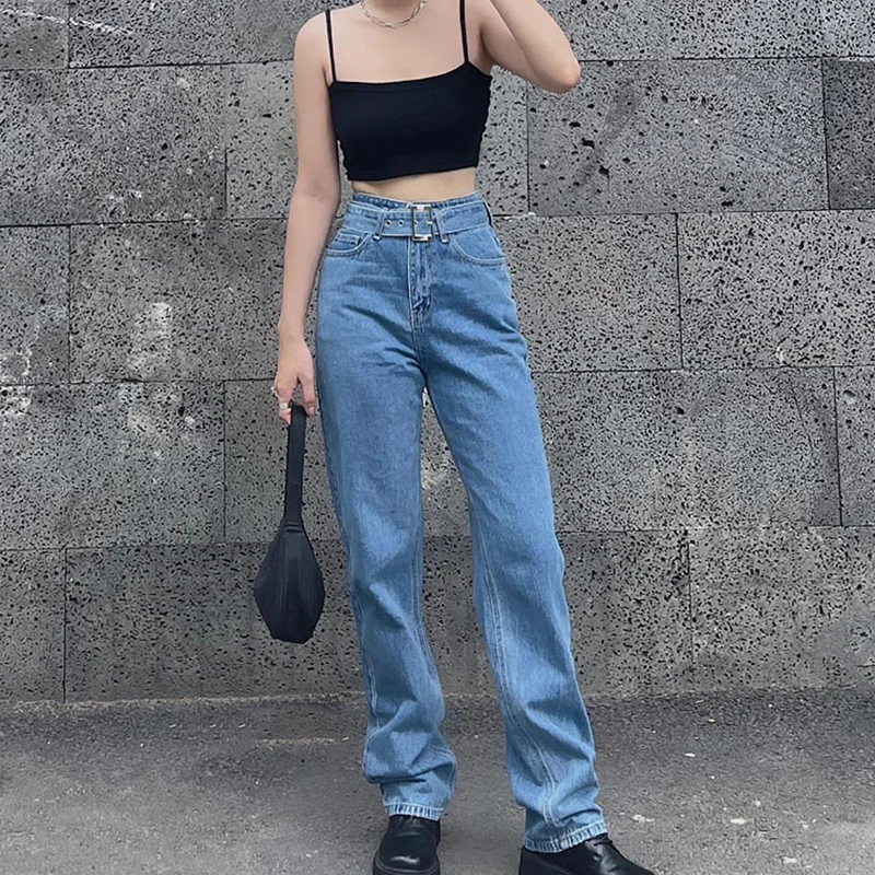 

With Sashes High Waist Baggy Straight Jeans Women Classic All-match Korean Mom Cargo Denim Pants Streetwear Trousers Iamhotty