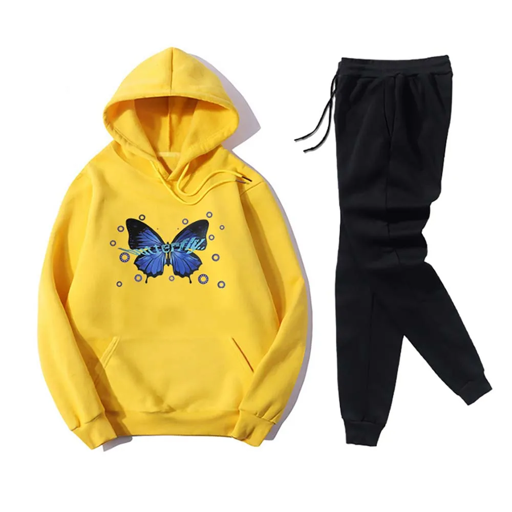 

Женский спортивный костюм, спортивный костюм из двух предметов, толстовка с капюшоном и карманами, с принтом в виде бабочек