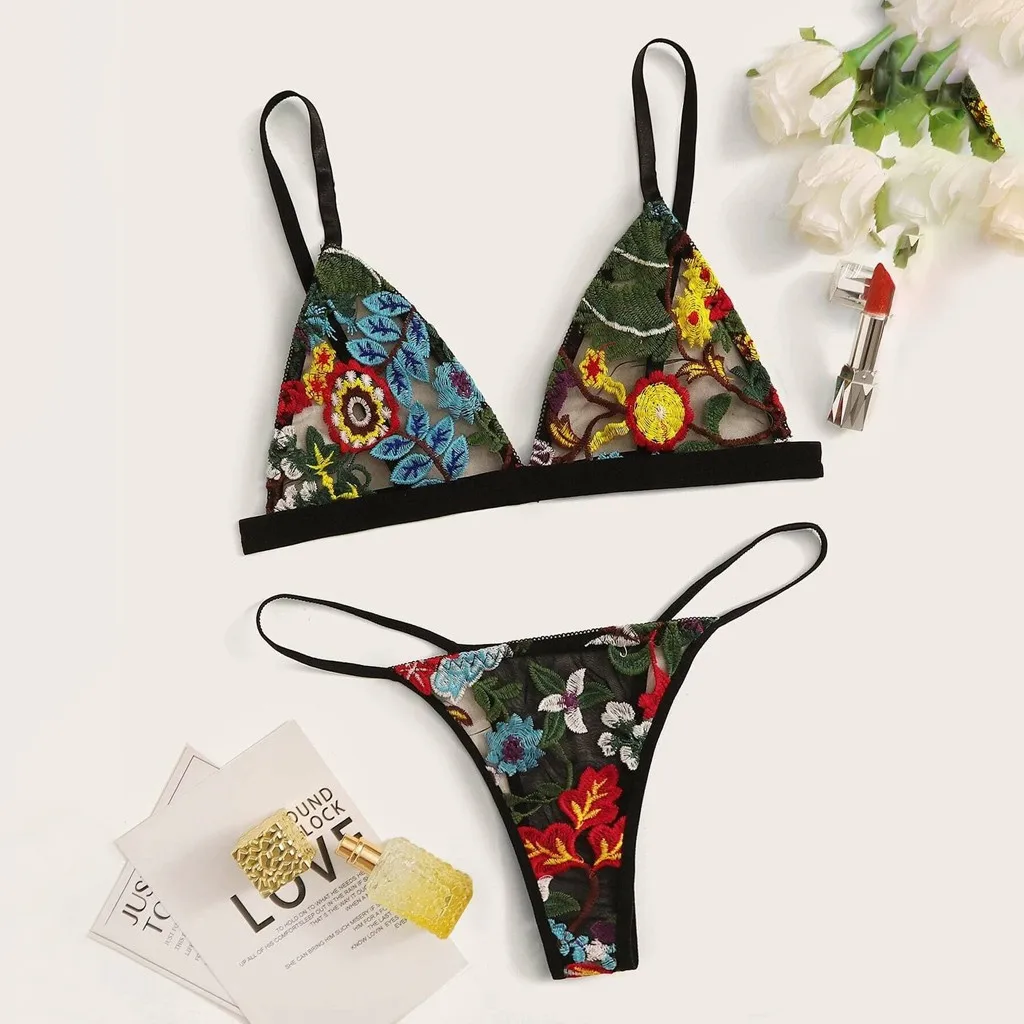 

Lingerie Plus Size Women Underwear Set Flower Embroidery Lace Mesh Sexy Bra Thong Lingerie Set G-string S-3xl Белье Женское LW