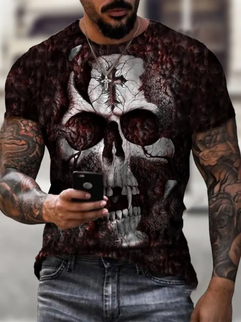 

Summer new men's T-shirt skull flower gravel Harajuku horror punk style top O-neck T-shirt