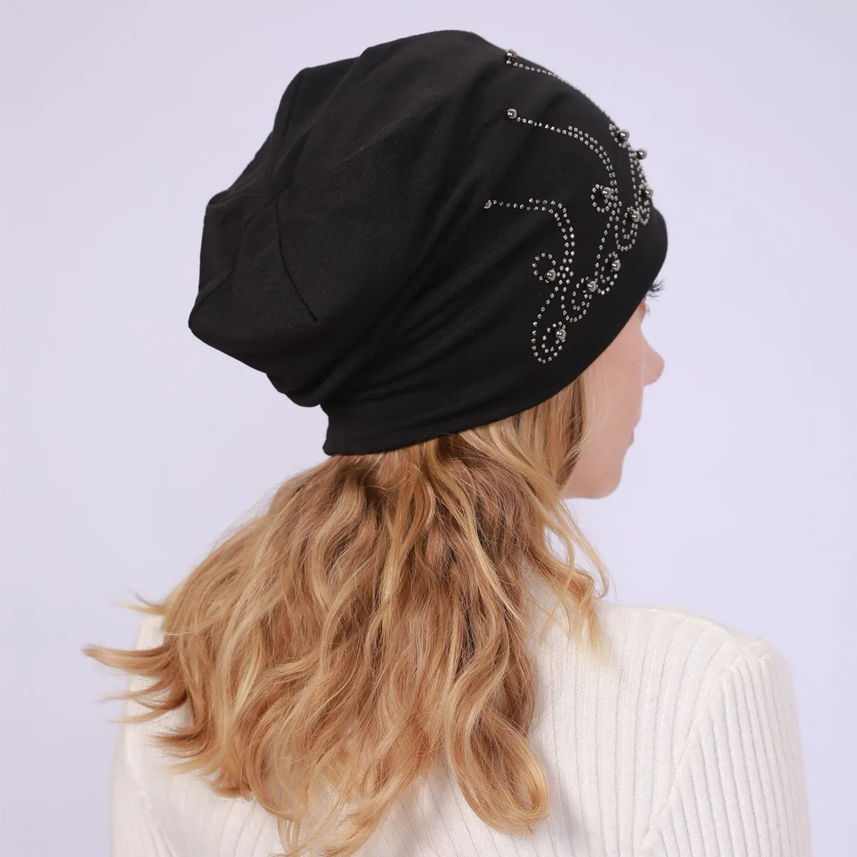 Зимняя женская шапка бини модные стразы с жемчугом хлопковые облегающие шапки