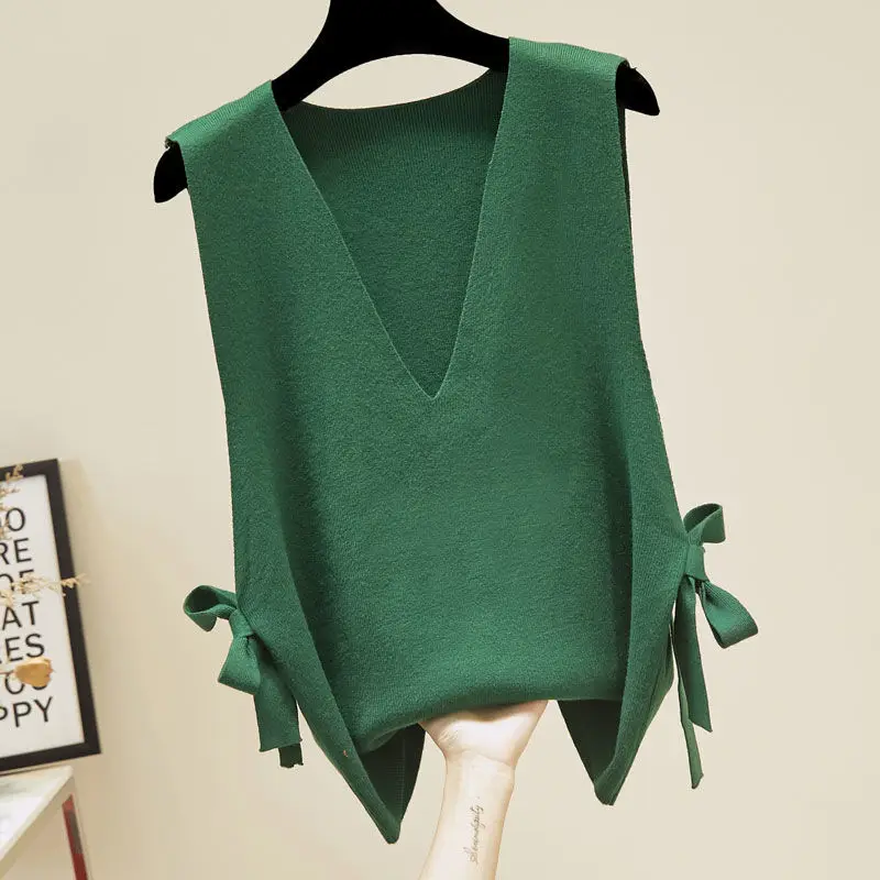 

Women 2020 Spring Autumn Loose Fashion Knitted Vest Female Elegant Casual Bow Sweater Ladies Korean Style V-neck Pullovers