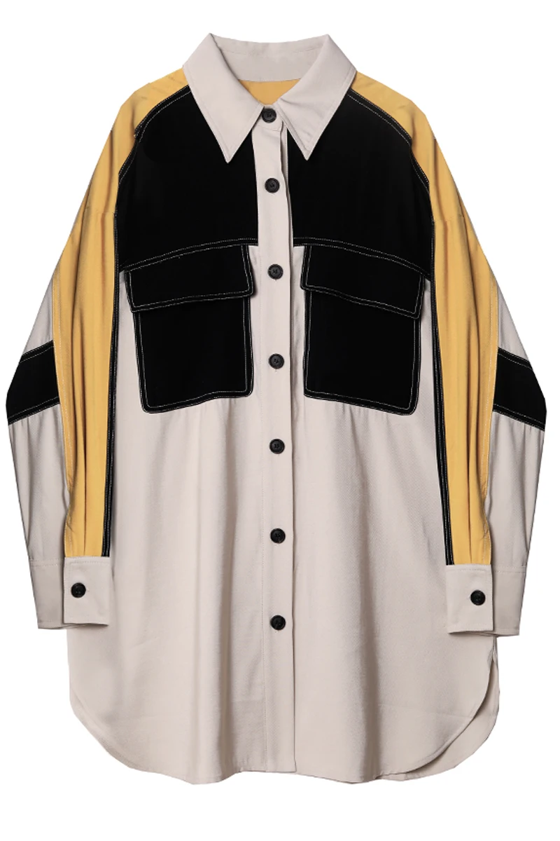 

CHEERART Colorblock Stitch Streetwear Long Sleeve Shirt Women Fashion Designer Top Collared Loose Shirt 2020 Fashion