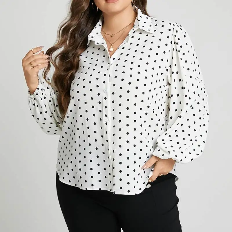 

Celmia Women Lapel Blouses 2022 Plus Size Casual Polka Dot Shirt Elegant Office Ladies Blusas Long Lantern Sleeve Tops Tunic