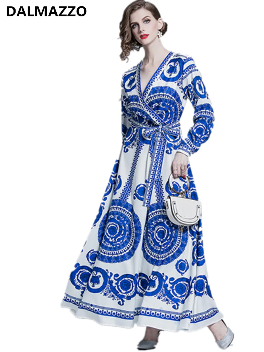 

Retro Print Women V Neck Long Sleeve Blue And White Porcelain Big Swing Long Dress New Spring Autumn Large Size Lacing Vestidos