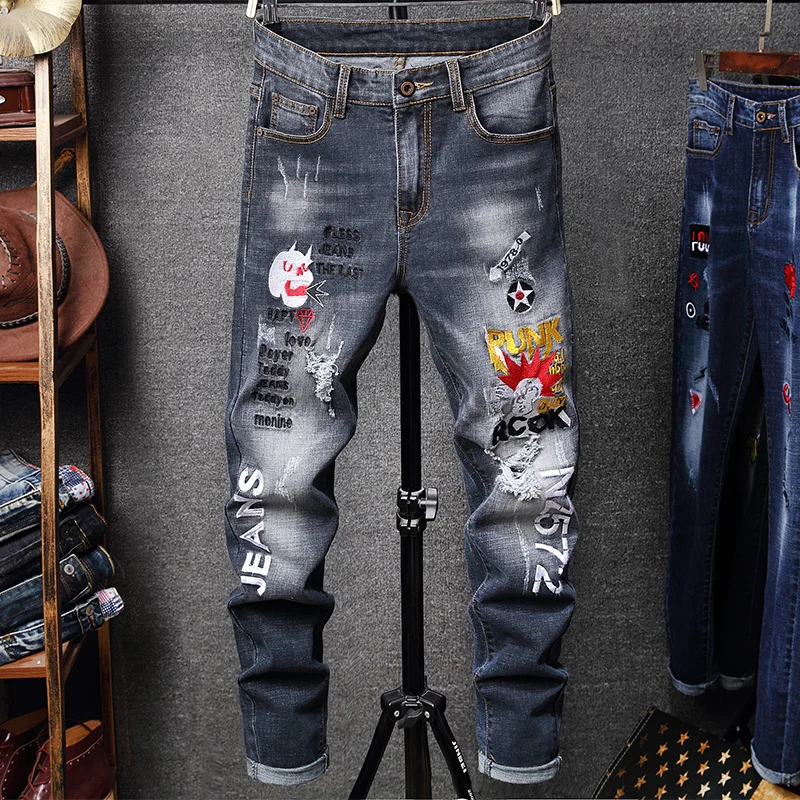 

2021 Spring New Men Ripped Embroidery Slim Jeans Trendy Brand Hip-Hop Style Stretch Straight Denim Pants Male Little Feet Pants