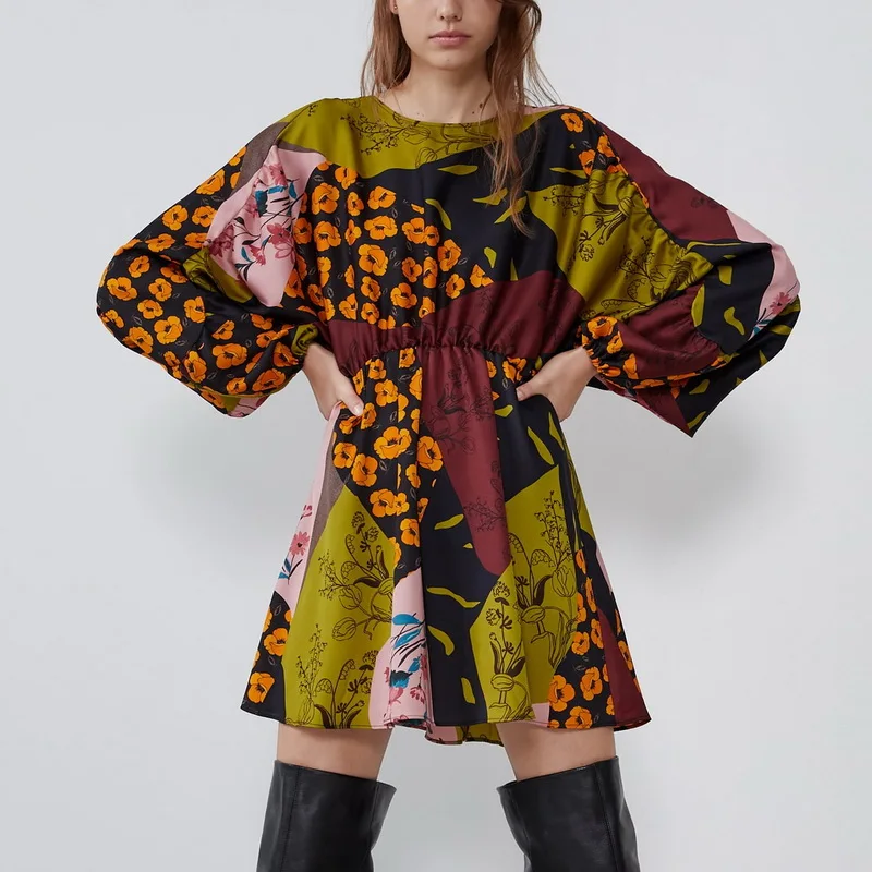 Винтажное женское платье осень 2019 новые модные цветочные принты Пэчворк Выше