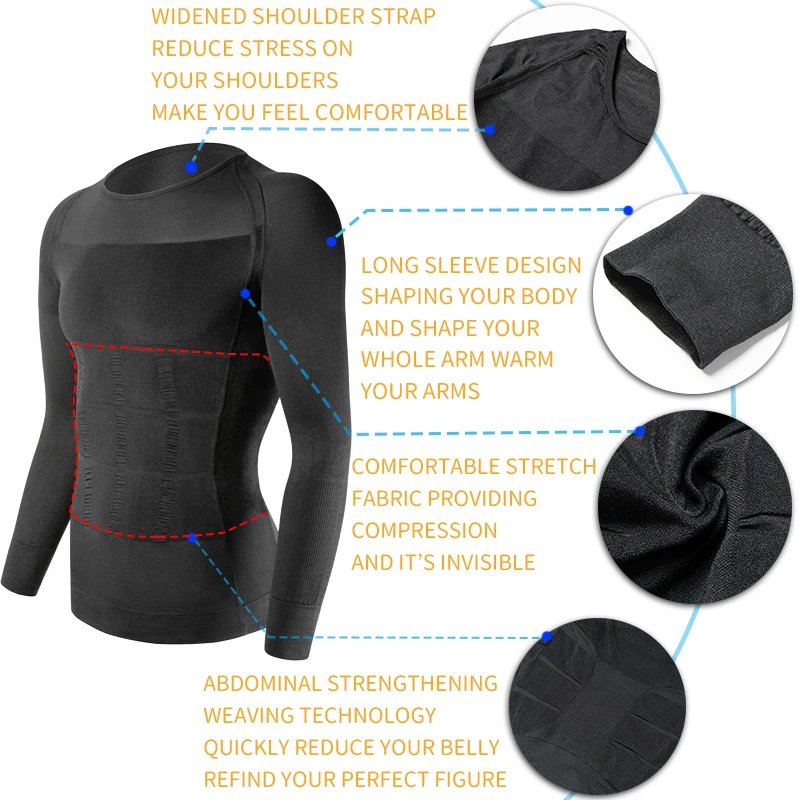Tight Skinny Men's Slimming Elastic Body Shapewear Long Sleeve Shirt Sports Fitness Compression Abdomen Tummy Waist Control Top