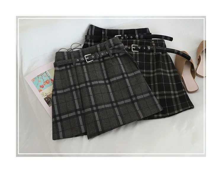HELIAR Preppy Plaid Woolen Shorts With Pocket Women Sashes Shorts Wide Leg Outwear Shorts Fall Winter Street Shorts Women