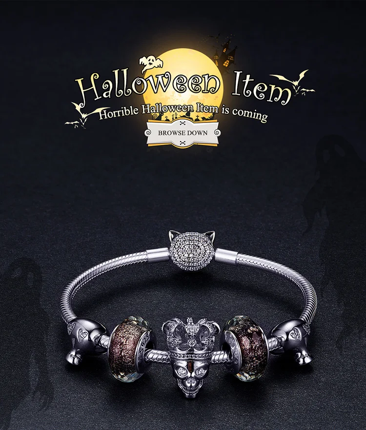 Fit Pandora браслет стерлингового серебра 925 волшебник на Хэллоуин бусины в виде скелета S925 Циркон Шляпа Череп Подвески для DIY ювелирных изделий