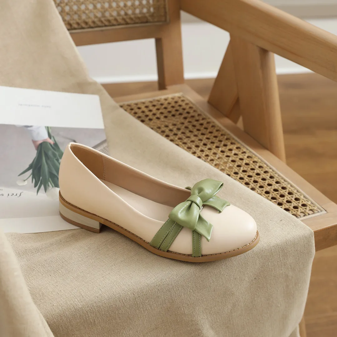 

Spring And Autumn Mary Jane Small Leather Shoes Mid-Heel Sweet Bow Skirt Shoes Low-Heel Green Casual Pumps