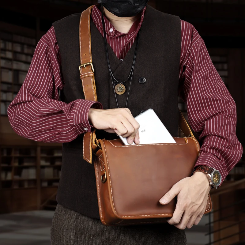 Fashion Natural Leather Women's Briefcase Middle Size Genuine Leather Messenger Bags 7.9'' Ipad Crossbody Shoulder Bag For Men