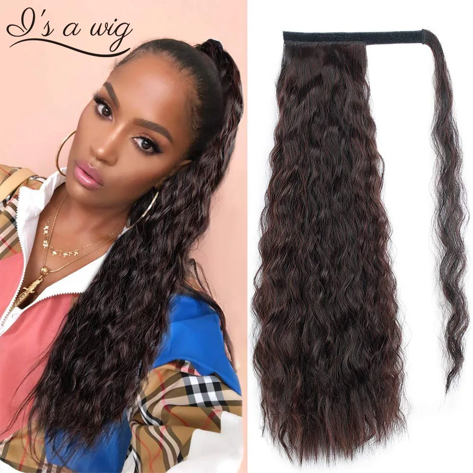 

I's a wig Long Wavy Blonde Ponytail Synthetic Hairpiece Wrap on Clip Hair Extensions Brown Pony Tail for Women Black Fake Hair