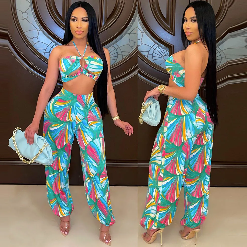 

Personalized Printing Sexy Breathable Two-piece Set Halter Crop Top and Elastic Waist Loose Pants Female Elegant Clubwear Outfit