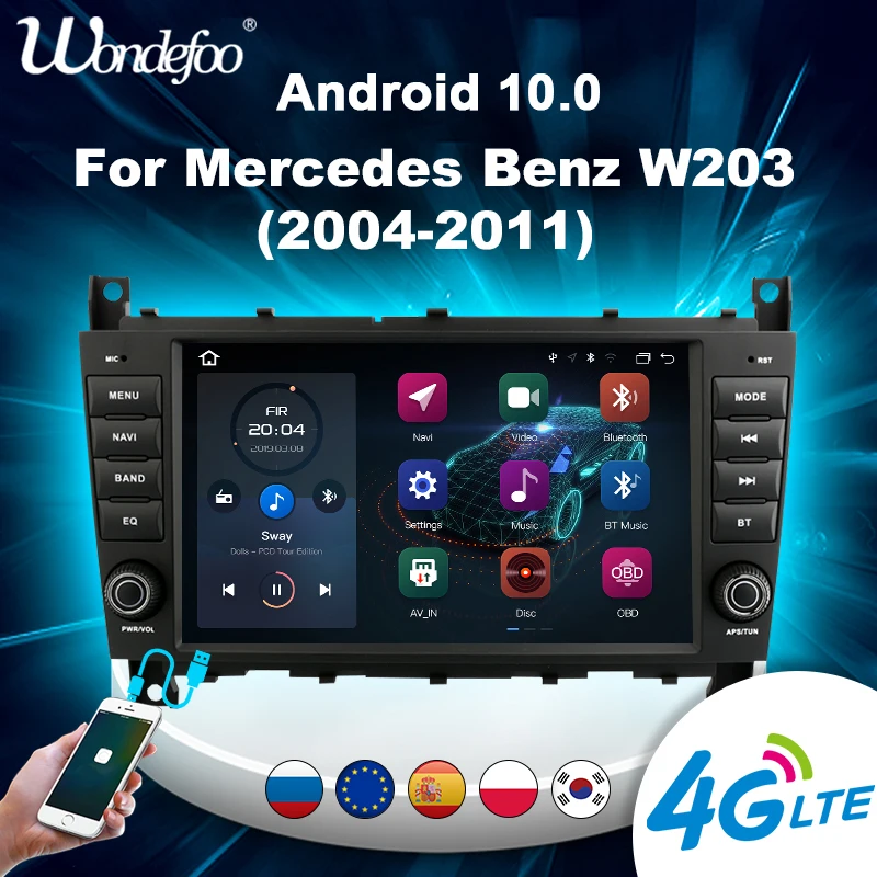 магнитола 2 din андроид Android 10 автомобильное радио carplay для Mercedes Benz C Class W203 / CLC 2004 2007