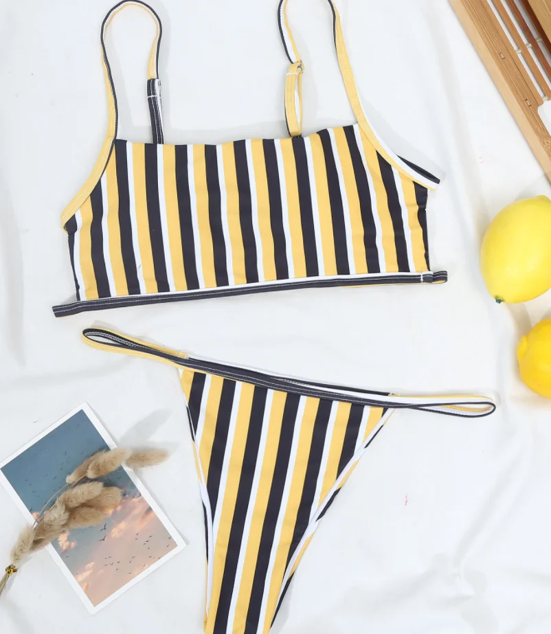 

New Style Beach Striped Printed Low Waist Two Piece Female Bikini Sexy Bandage Swimsuit