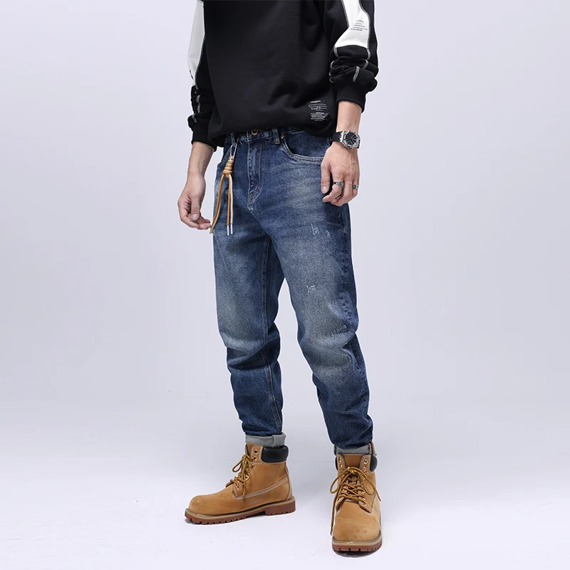 Japanese Vintage Fashion Men Jeans Loose Fit Retro Blue Wide Leg Ripped Jeans Men American Street Casual Hip Hop Denim Pants