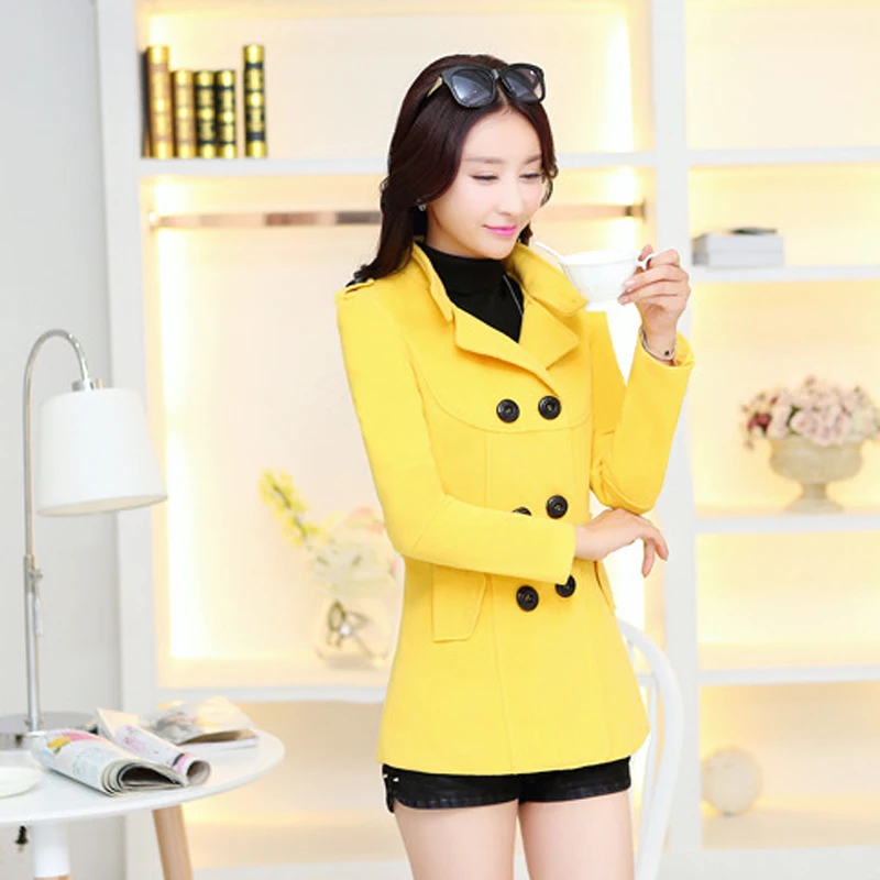 Женское шерстяное пальто с двойным рядом пуговиц средней длины|Женские пальто| |