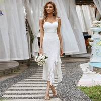 white lace wedding dress with split ever pretty elegant a line sweetheart asymmetrical hem midi wedding party gown 2021