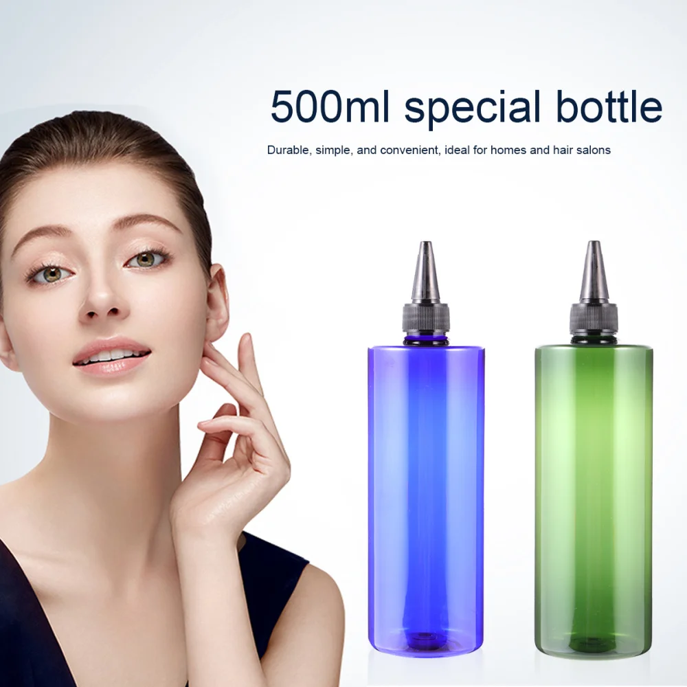 

4pcs 500ml Hair Dye Bottle Pointed Mouth Hair Color Bottle Applicator Storage Container Refillable Bottles (Blue Bottle and Gree