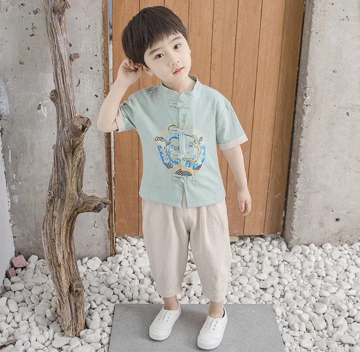 

children's Clothing Printing Design Chinese Style Retro Dragon Phoenix Costume Cotton Short Sleeve Suit 2PCS Christmas Gift ZL26