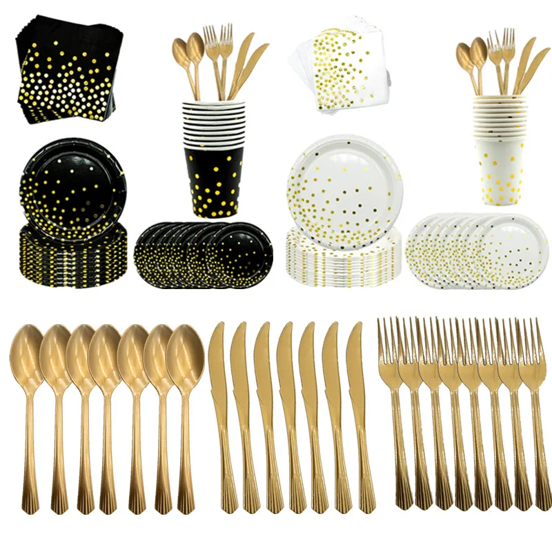 Черные золотые вечерние украшения в горошек праздничные принадлежности фольга