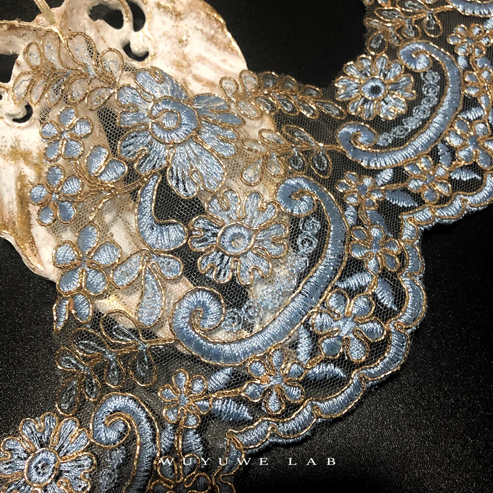 Изящный 1 ярд Золотой синий цвет вышивка аппликация с кружевной отделкой цветок
