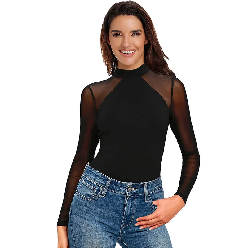 

SEBOWEL Entrancing Women Black Mesh Bodysuit Plus Size Mock Neck Long Sleeve Bodysuits Sexy Sheer Jumpsuit Female Club Body Tops