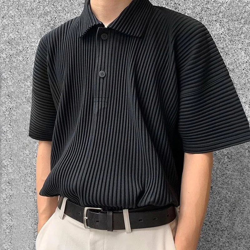 

Summer Mens Fashion Ribbed Tops Casual Short Sleeve Buttoned Lapel T Shirts Harajuku Solid Loose Tee Shirt Men Streetwear