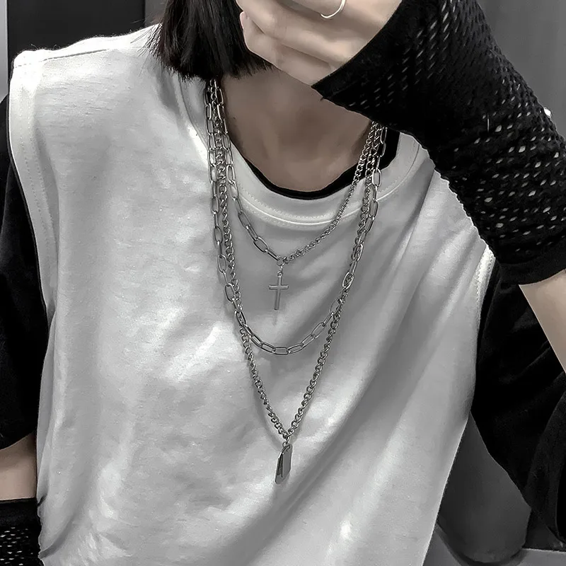 

2019 New Custom cross, square, metal, multilayer, hip-hop, long chain, cool, simple necklace, ladies, men, necklace jewelry gift